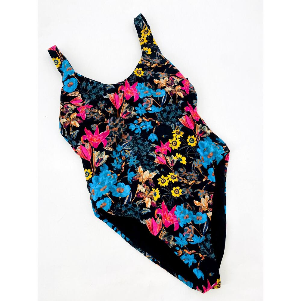 Rusty black floral low back one piece swimsuit